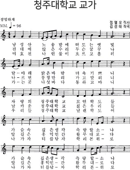 청주대학교 교가 - 장엄하게 MM. ♩ = 96, 정열모 작사, 김성태 작곡, 1절 - 낭성산 노송밭에 떠도는 옛빛 달-아래 맑은 바람 더욱 기쁘니 자랑의 청주대학교 모인 학도들 가슴속 깊은생각 측량할소-냐 가슴속 깊은생각 측량할-소냐, 2절 - 전대에 앚은수리 무슨꿈꾸나 나-르면 붕정만리 가고말리니 날카운 청주대학교 젋은 우리들 앞길은 홍익인간 활무대로-다 앞길은 홍익인간 활무대-로다, 3절 - 미호천 나린물이 흐르고 흘러 가-는곳 다섯바다 통하고마니 우리들 청주대학교 날랜학도여 나가자 터를 닦자 학리본위-로 나가자 터를 닭자 학리본-위로